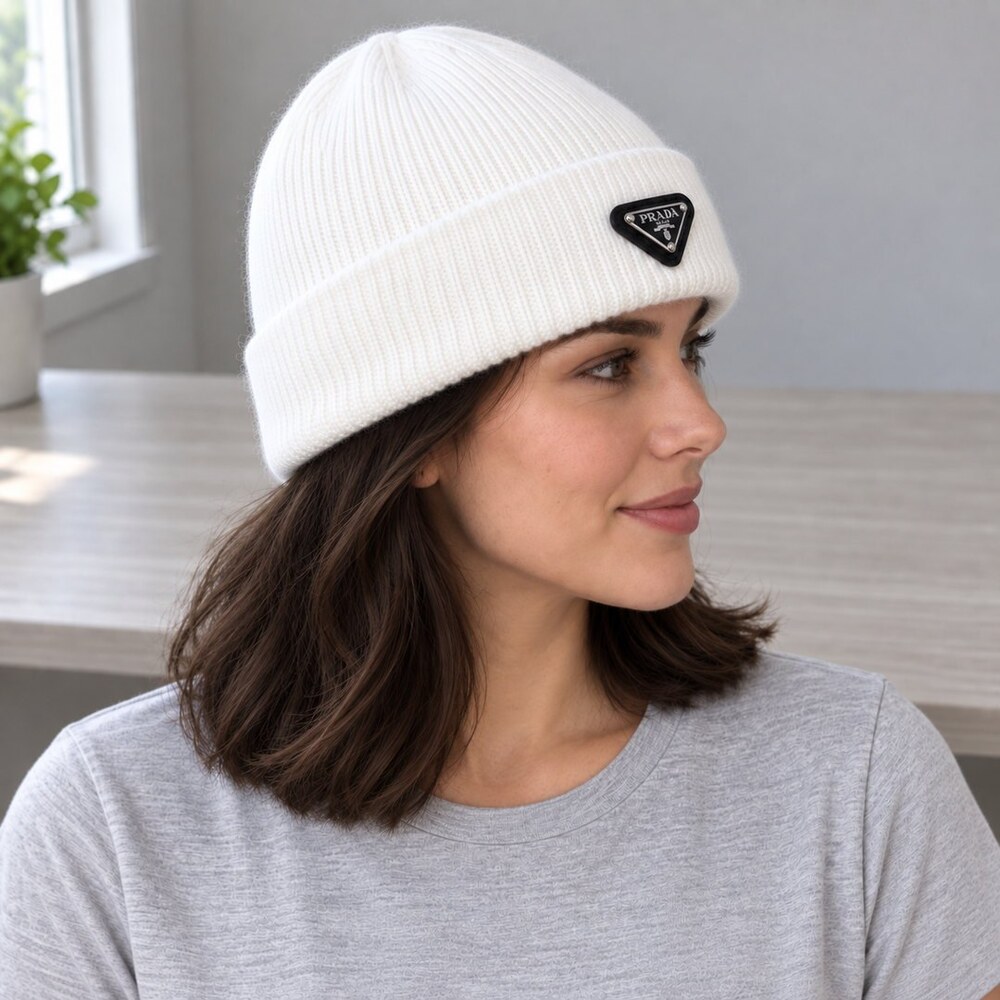 Prada White Ribbed Triangle Logo Beanie - Picture 3 of 6